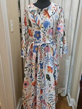 Floral Button-Front Maxi Dress with Belt - White/Multi